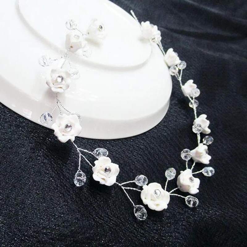 Loura Shace Contracted White Roses Flower Bridal Headbands New Crystal Bead Wedding Bride Headdress Hairbands Hair Accessories | Украшения