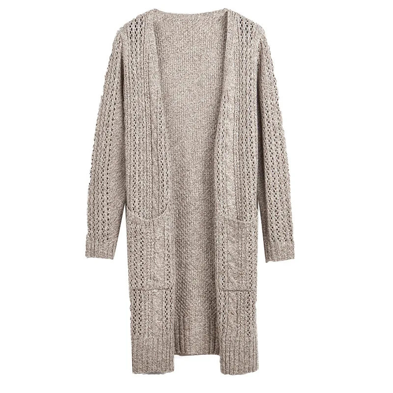 

Knitted Wool Sweatercoat Female Mid-Long Style Loose Hollow With Pocket Coat Knitted Solid Outwear Cardigan Sweater Casual Coat
