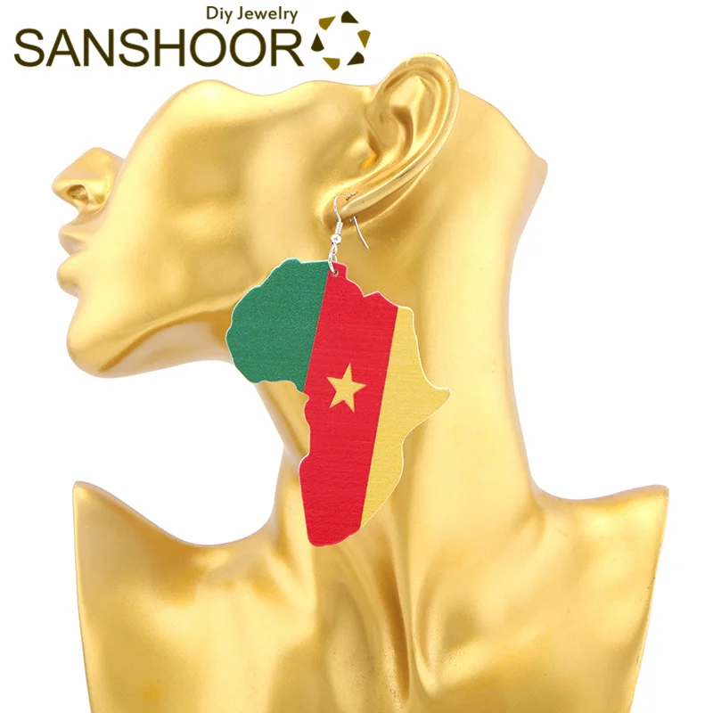 SANSHOOR афро деревянные серьги африканские карты Африканский Флаг Страны большой