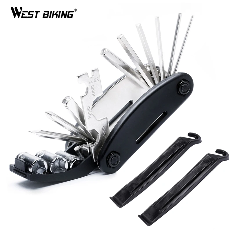 

WEST BIKING Bike Tools + 2 Bicycle Tyre Spoon Military Bike Multi Repair Tool Kit Hex Spoke Wrench MTB Cycling Screwdriver Tools