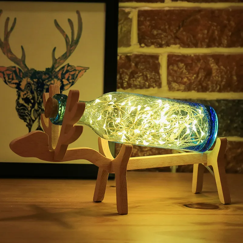 Creative 3D Wood Deer LED Night Light Glass Bottle Strip Lights Atmosphere Feeding Milk Kids Room Cartoon Lamp Christmas Gifts