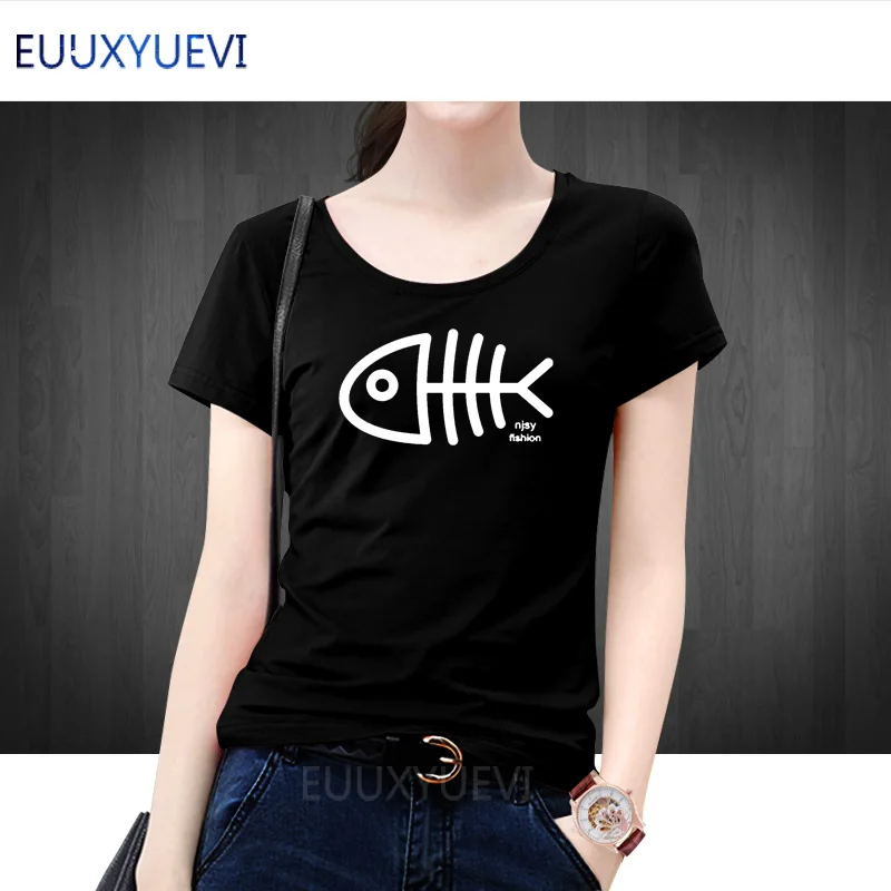 

2019 Summer Women T-Shirt Female Fashion Cotton T Shirt Printed Short Sleeve Women's Tops with 3D Printing Fish Bones EUU-32