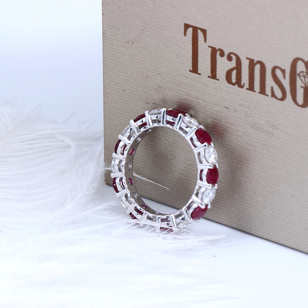 TransGems Роскошные 14 К белого золота Лаборатория Grown Moissanite и натуральный сапфир рубин полный Вечность Обручальное для женщин