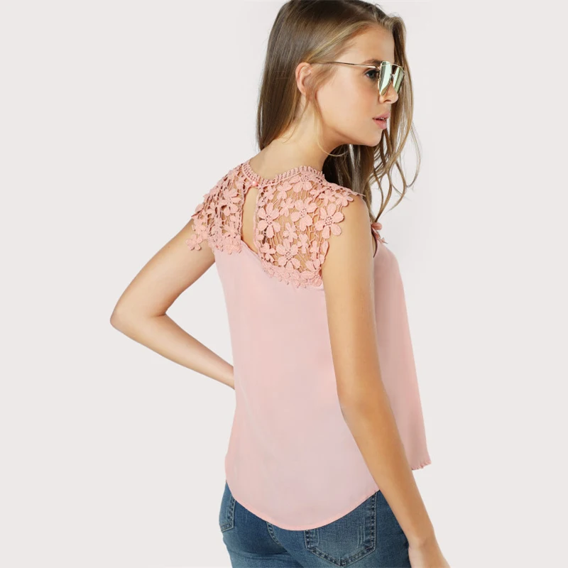 SHEIN женский топ с вырезом-лодочкой на спине и кружевами, женские блузки, Лето, розовая блузка без рукавов с круглым вырезом