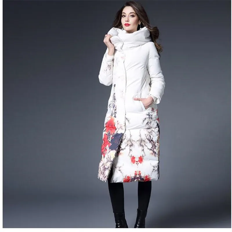 2018 женская зимняя куртка с цветочным принтом длинная приталенная Женская парка
