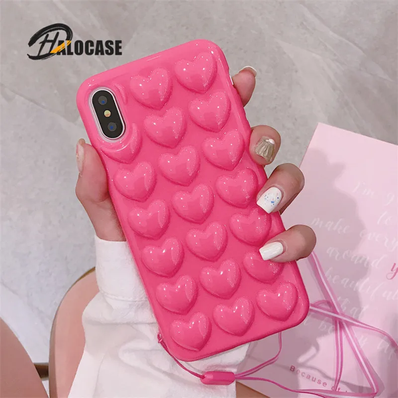 3D чехол для телефона с любовным сердцем iPhone 12 11 Pro XS MAX X XR Мультяшные мягкие