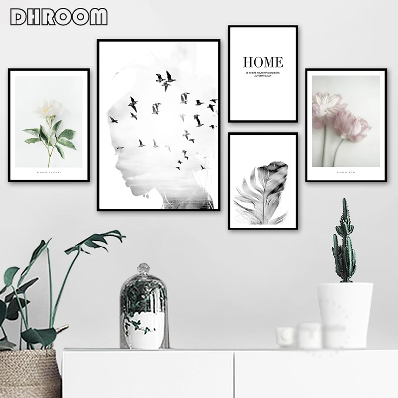 

Girl Bird Feather Landscape Wall Art Flower Quotes Canvas Painting Nordic Posters and Prints Wall Pictures for Living Room Decor