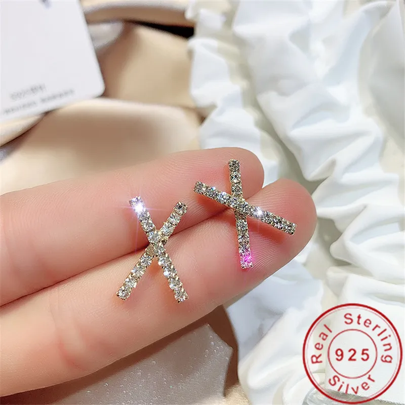 Крест стад Earrring AAAA Cz 100% реальные 925 серебро массивные вечерние свадебные серьги