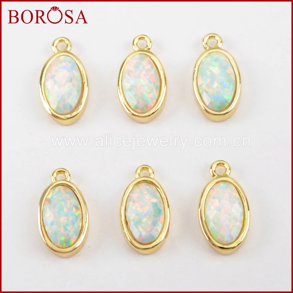

BOROSA 10PCS Oval Gold Color Bezel White Opal Japanese Opal Faceted Charms Man-made Opal Charm Fashion Druzy Jewelry ZG0304