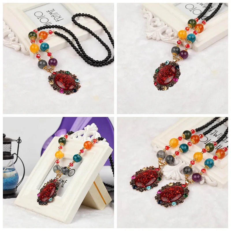 Trendy Bohemian Pearl Gem Fashion Jewelry Necklace Pendant Ethnic Alloy Long Beaded Chain Sweater Dress Necklaces ZDC004 | Украшения и