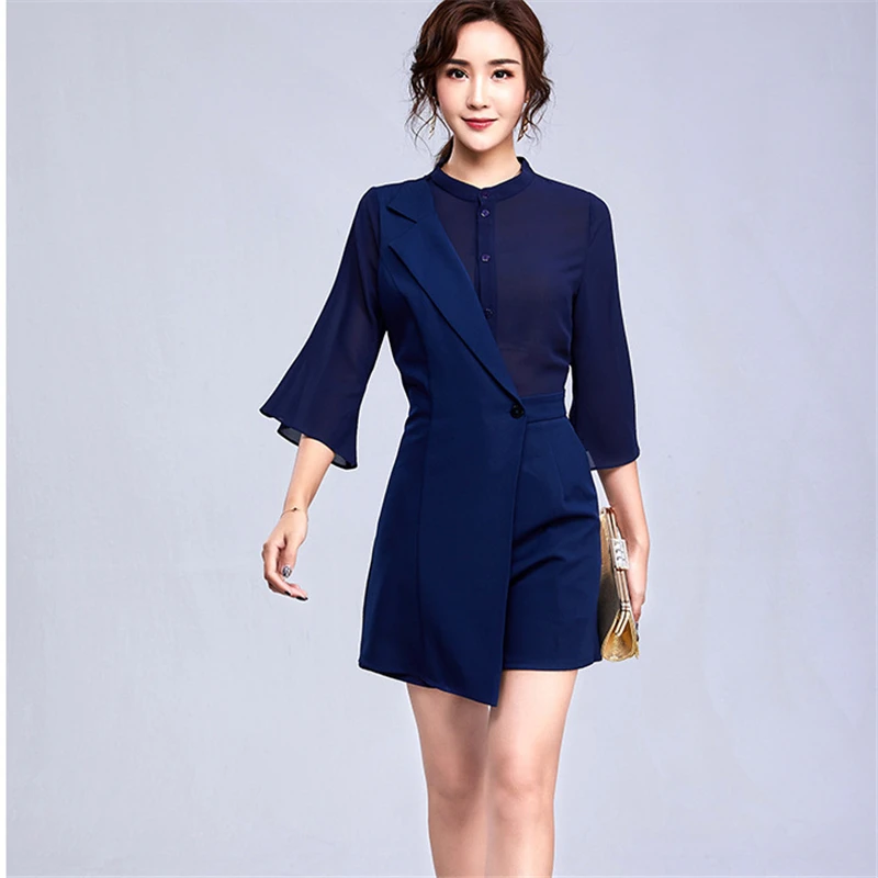 New Spring Summer small Suit stitching Solid color single-breasted jumpsuit Women seven-point sleeve fake two W009 |