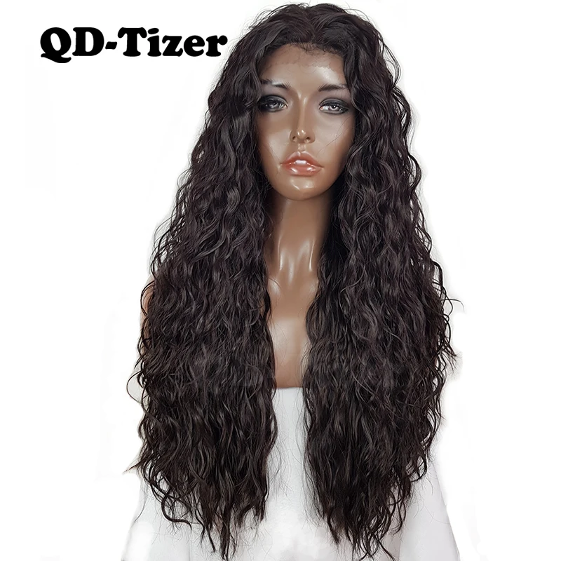 QD-Tizer Long Front Lace Wigs Loose Curl Dark Brown Color #4 Hair Synthetic Lace Wig Heat Resistant fiber
