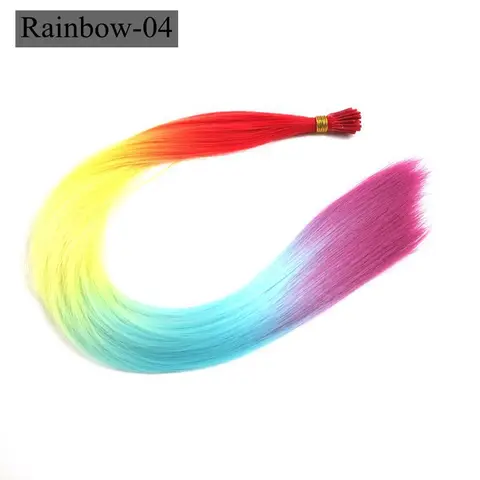 Удлинители волос I Tip из перьев, роскошные прямые синтетические пряди для плетения 22 дюйма, 100 прядей/партия, радужного цвета, зеленые, желтые, розовые - изображение
