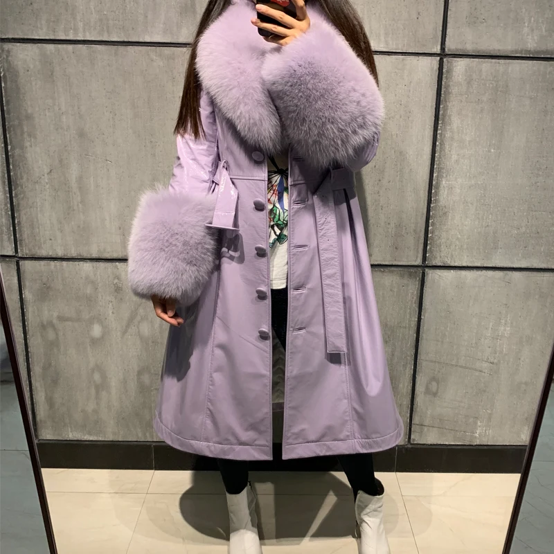 ladies leaher coat long women genuine leather windbreak