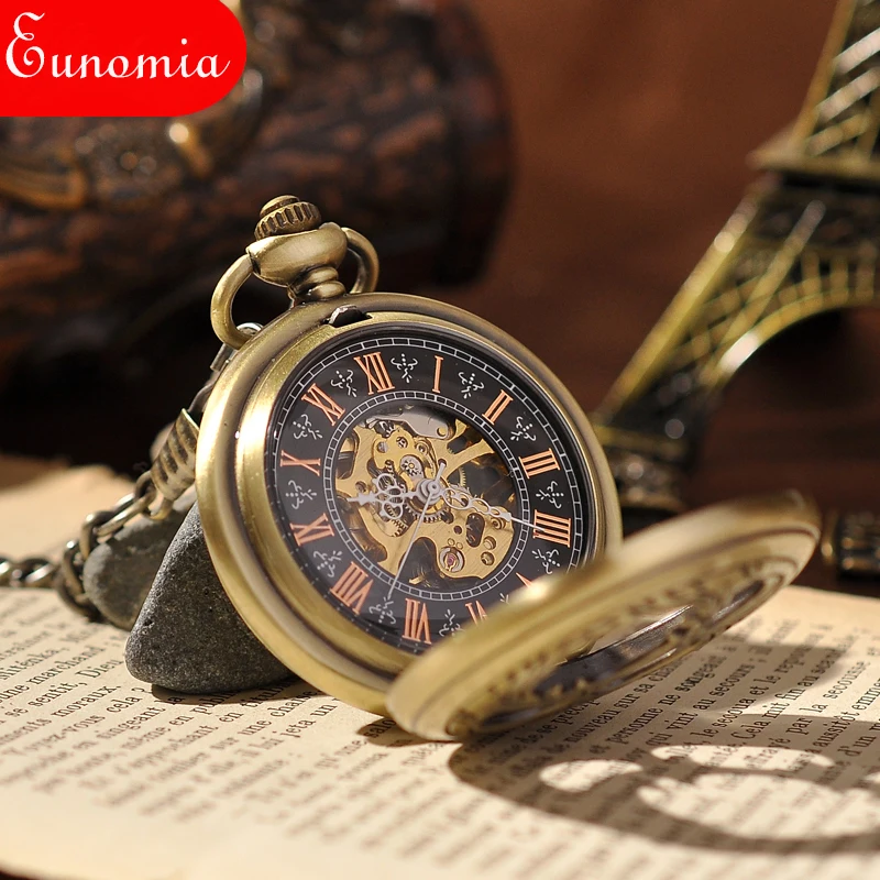 Часы скелетоны Мужские механические Модные Винтажные золотистые карманные