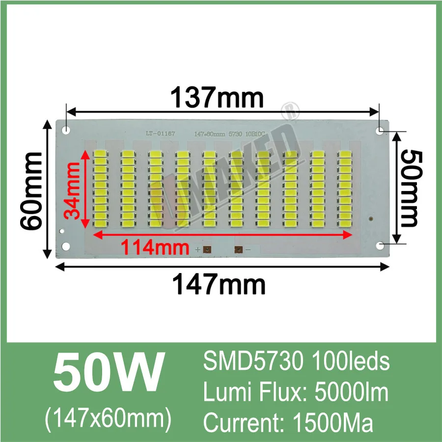 147x60mm 50 Вт Светодиодный прожектор PCB плата SMD5054/2835/5730 светодиодный Алюминий ручка с пластинчатым основанием, теплый белый/белый Светодиодный прожектор источник - Испускаемый цвет: 147x60mm