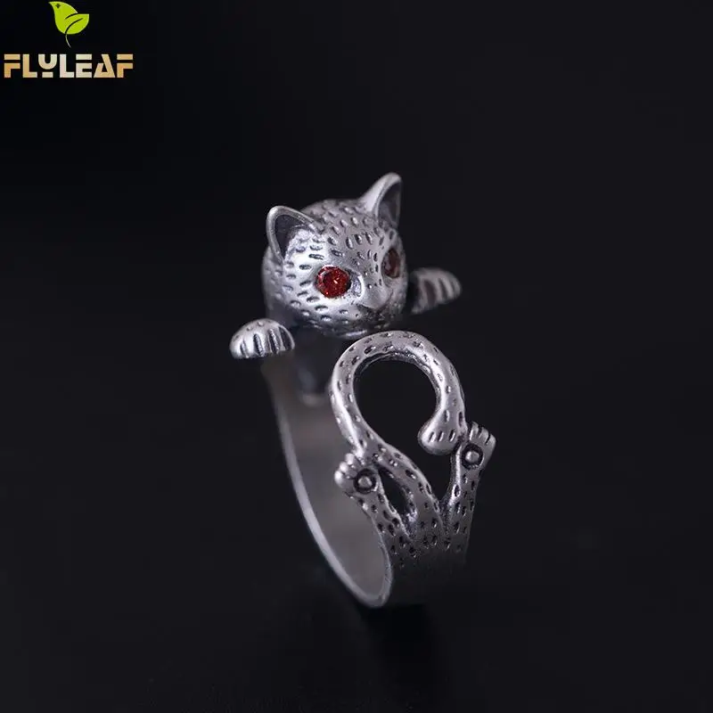 

Flyleaf 100% 925 Sterling Silver Retro Cat Open Rings For Women Vintage Style Red Cubic Zirconia Lady Party Jewelry