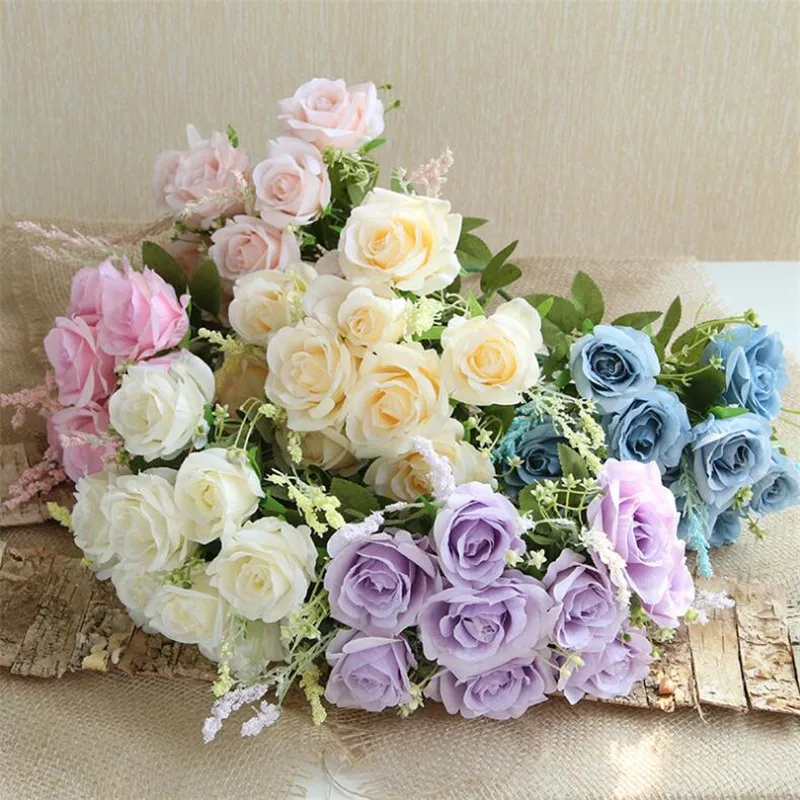 

6Pcs ake Rose Bunch (9 heads/piece) 13.39" Length Simulation Roses with Foam Fruit for Wedding Home Decorative Artificial