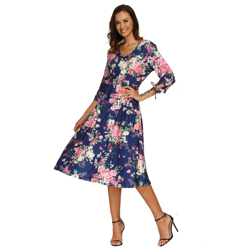 Autumn winter Seven-quarter sleeve Floral Print Boho Beach Dress Maxi Women Evening Party Sundress Vestidos de festa | Женская одежда