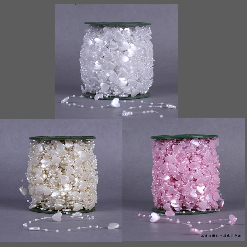 

60M colorful Heart Fishing Line Artificial Pearls Beads Chain trim Garland For Jewelry Wedding Bridal Bouquet Flower Decoration