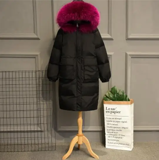 Black Rose Red Fur Зимняя женская куртка-пуховик на белом утином пуху, теплая, с большим воротником из натурального меха, с капюшоном, толстая, длинная, пуховик, пальто, Женская одежда оверсайз, SF1058 - Цвет: Black Rose Red Fur