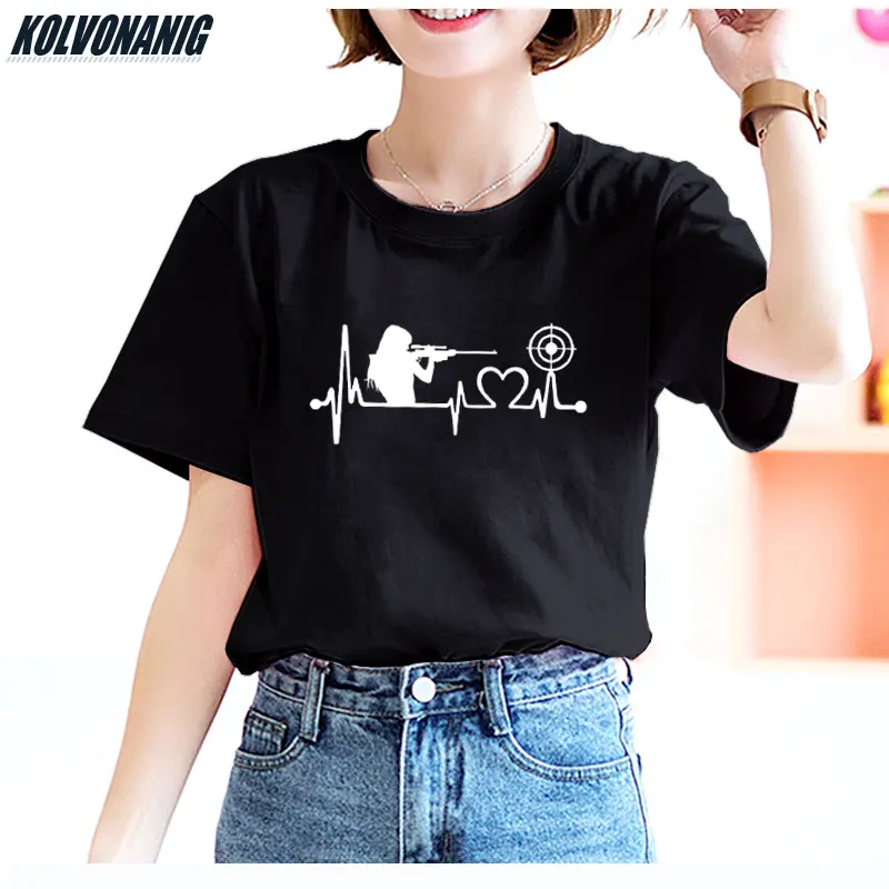 

KOLVONANIG 2019 Summer New Interesting Gun Girl Heartbeat Love Target-Shooting Print T Shirt Women Cotton Big Size T-shirts Tops