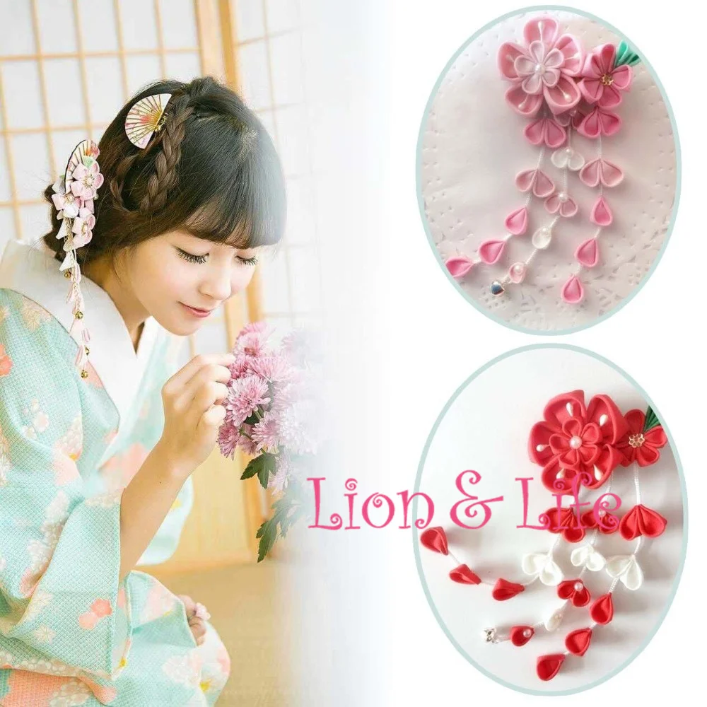 

Japanese Flower Sakura Headwear Clip Haripin Hair kimono Yukata Tassels Cosplay