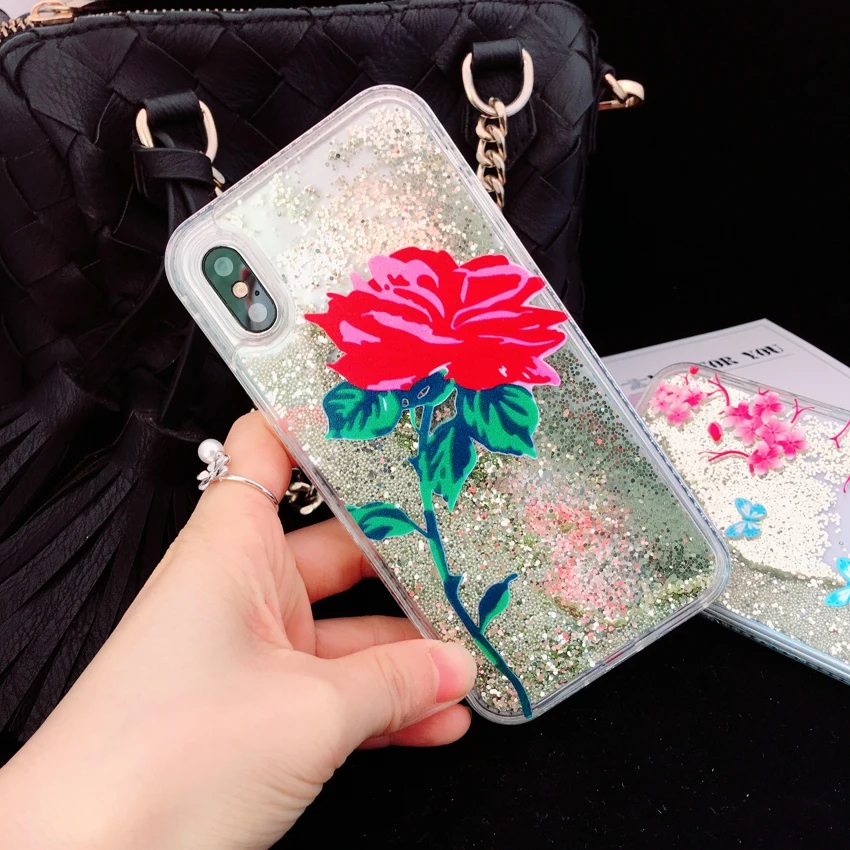 Цветочный чехол для iPhone 6 s X 7 плюс роскошный динамический жидкость зыбучие пески