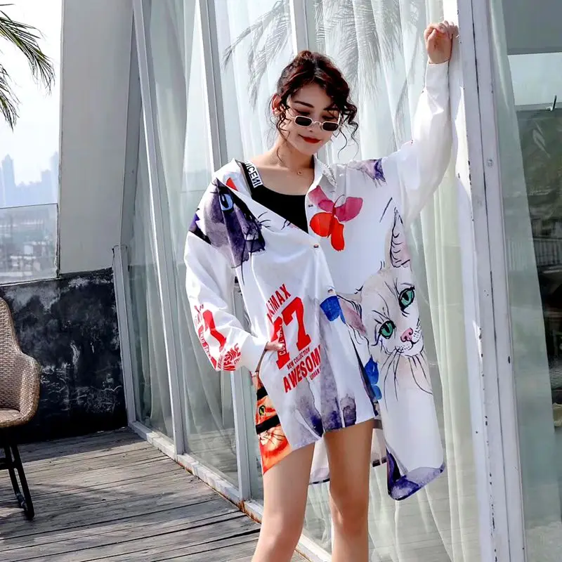 European station 2019 Thailand street fashion cartoon letter printing shirt jacket long paragraph loose net red female | Женская одежда