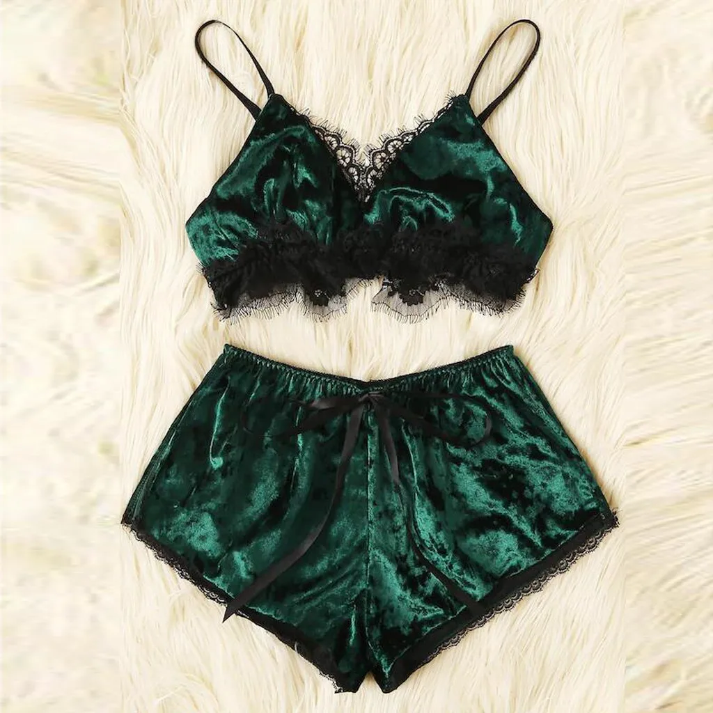 Fashion pyjama Women Sexy Eyelash Lace Lingerie Velvet Pajamas Set Babydoll Bowknot Sleepwear sexy lingerie pijama mujer NEW | Женская