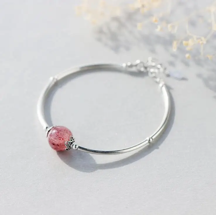 Серебряный браслет 100% реальная кожа серебряный с клубничным хрустальным бусином