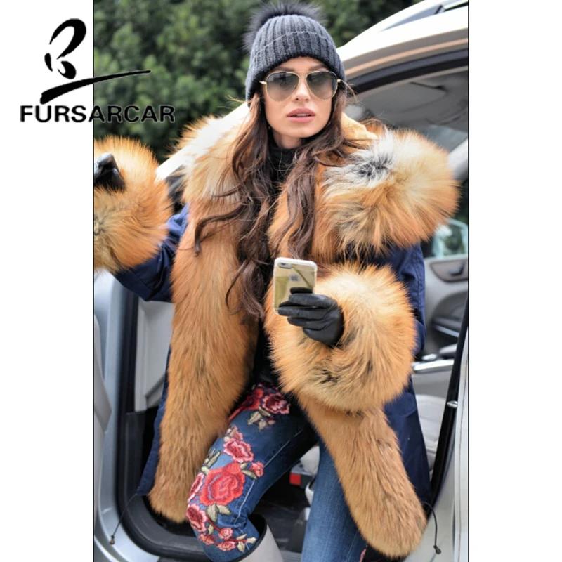 FURSARCAR New Style 2021 Real Fur Coat Parka Women With Big Gold Fox Fur Collar And Cuff Winter Luxury Thick Warm Fur Parka