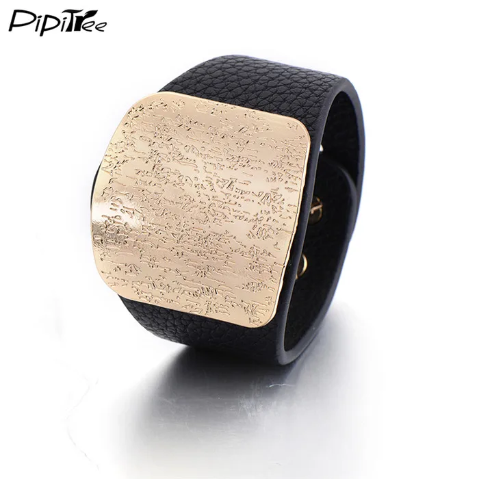 Gold Square Black Pipitree, новая мода, браслеты из искусственной кожи для женщин и мужчин, широкая круглая пряжка, подвески, регулируемый браслет, Женские Ювелирные изделия, подарок - Окраска металла: Gold Square Black