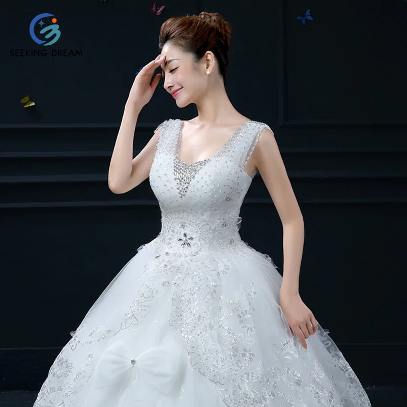 2017 Hot Off-White Sexy V-Neck Crystal Wedding Dress Ball Gown Flower Lace Pregnant Bride robe de mariage Plus Size NN002 | Свадьбы и