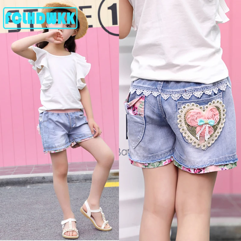 Летние модные детские джинсовые шорты кружевные штаны из 100% хлопка с цветочным