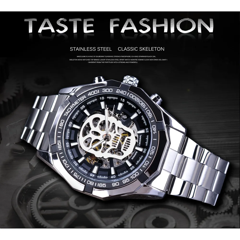 Winner Black Silver Clock Steampunk Skull Design Luminous Hands Automatic Transparent Watches for Men Top Brand Luxury