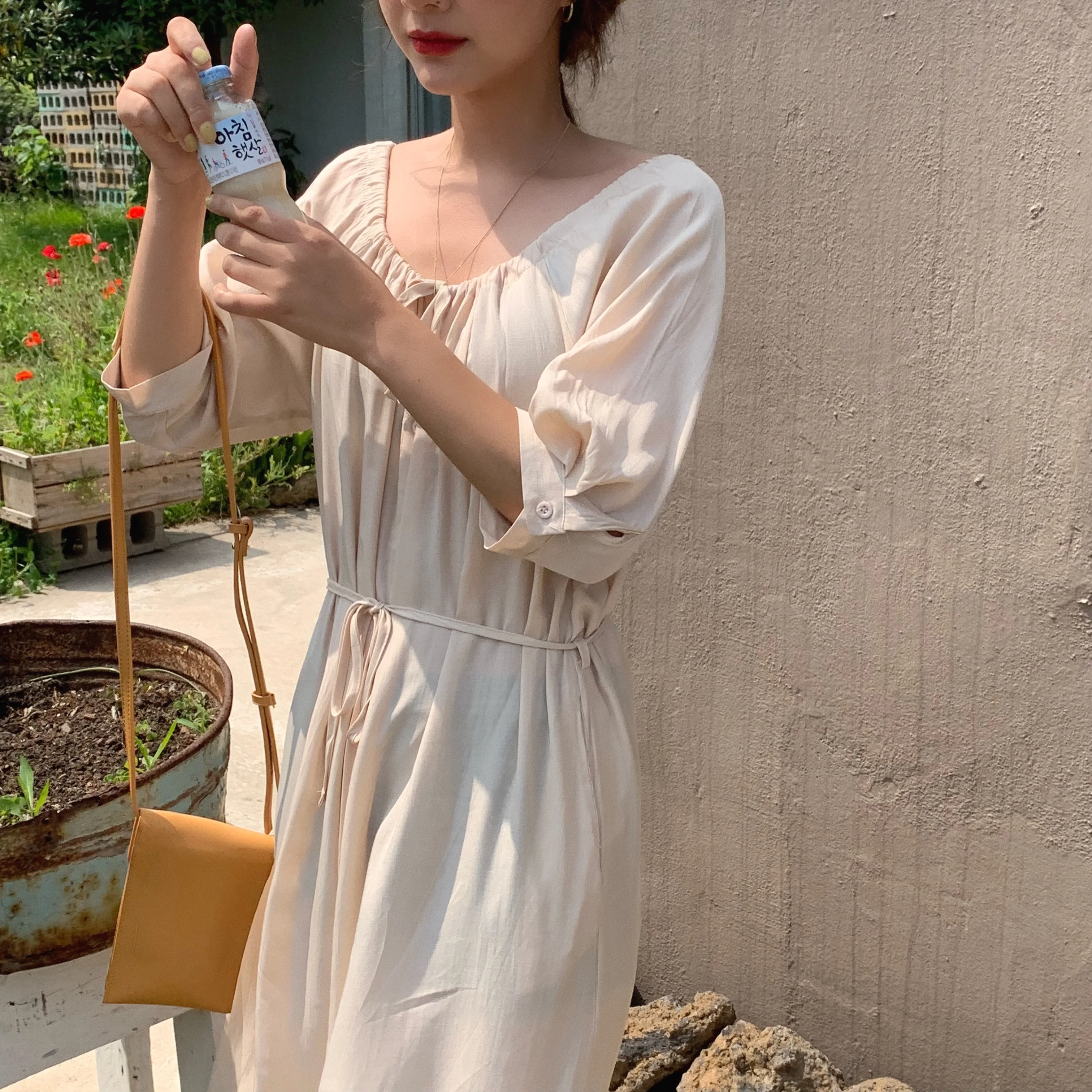 Женское летнее длинное платье-рубашка с круглым вырезом и шнуровкой, Vestidos со шнуровкой размера плюс, повседневное платье, Femme Sukienki Sommerkleid