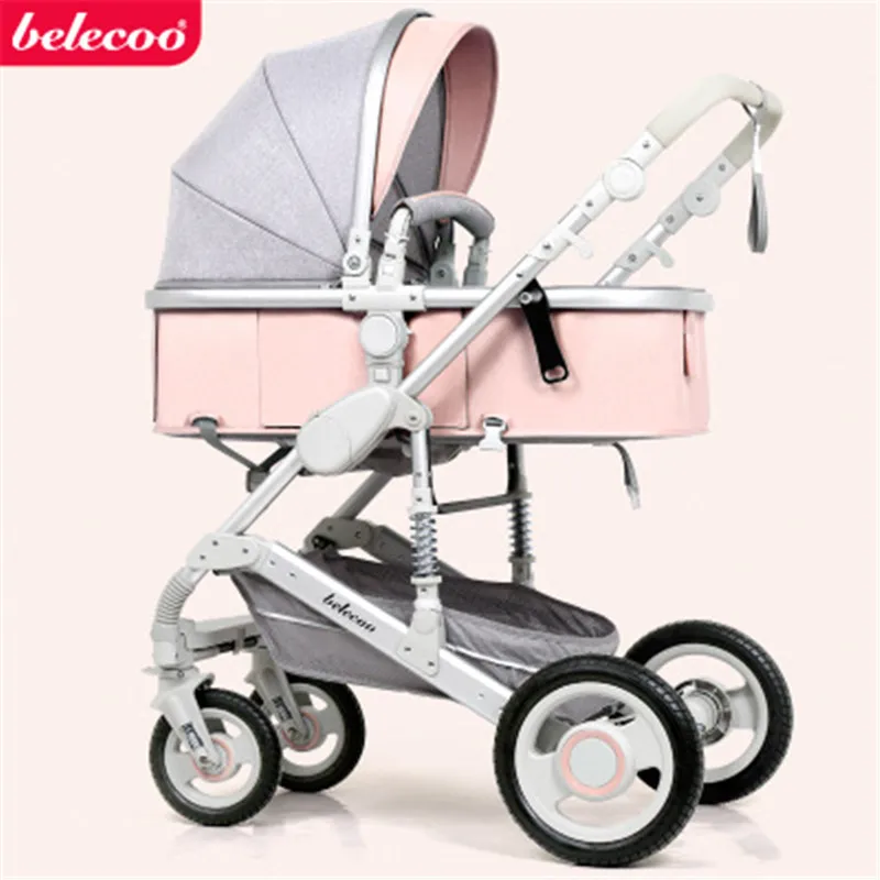 light pink Belecoo Высокая Пейзаж Роскошная детская коляска 0-36 месяцев коляска надувной натуральный каучук колеса детская коляска - Цвет: light pink