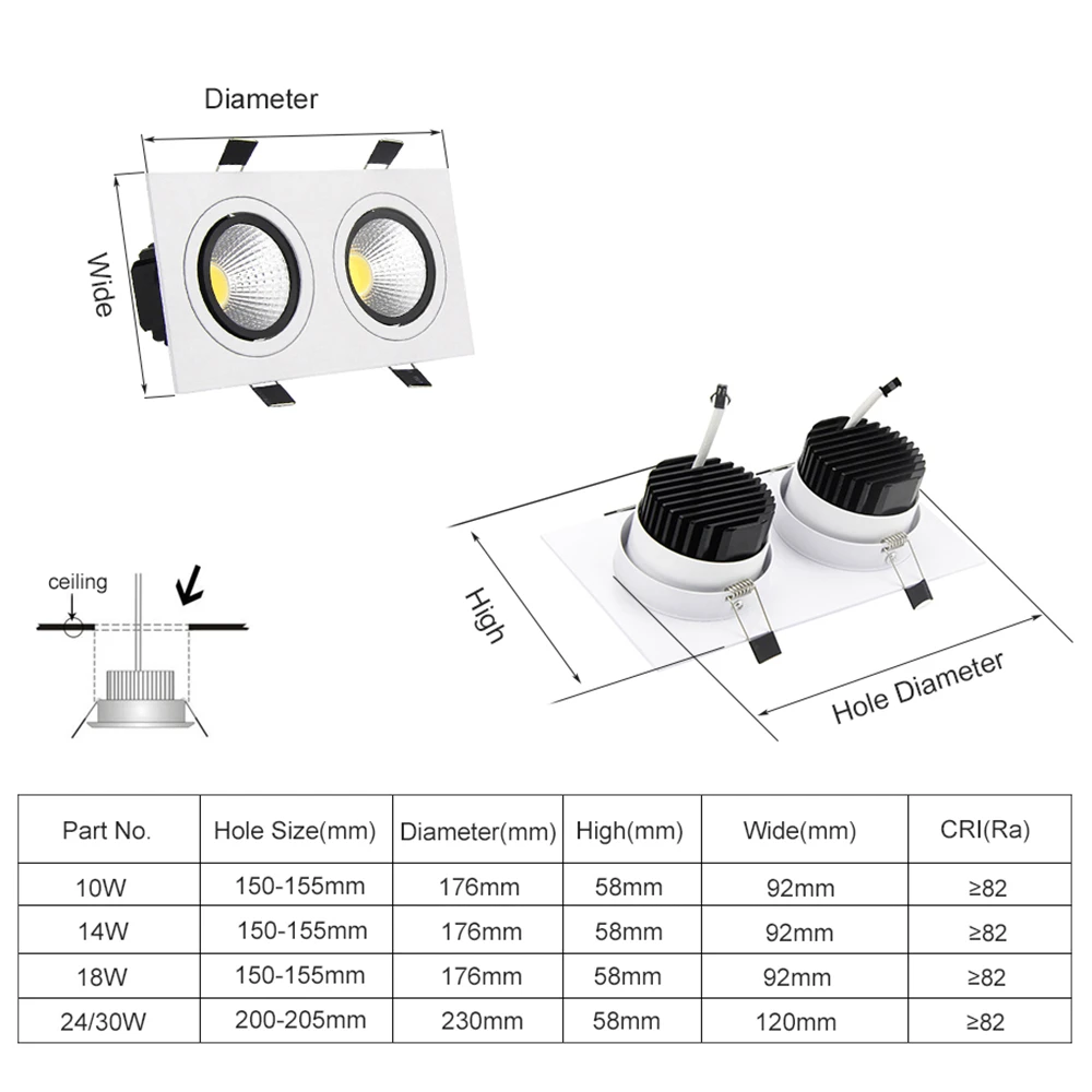 Прямоугольный Встраиваемый светодиодный точечный Светильник направленного