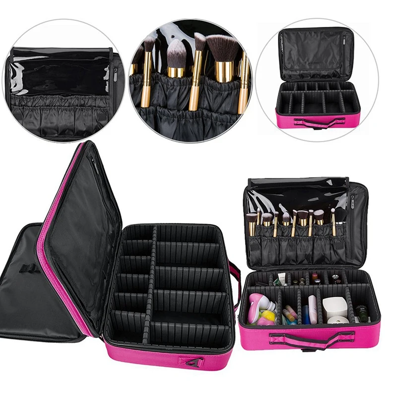 Large Capacity Makeup Case 3 Layers Cosmetic Organizer Brush Bag Makeup Train Case Makeup Artist Box For Hair Curler Hair Stra