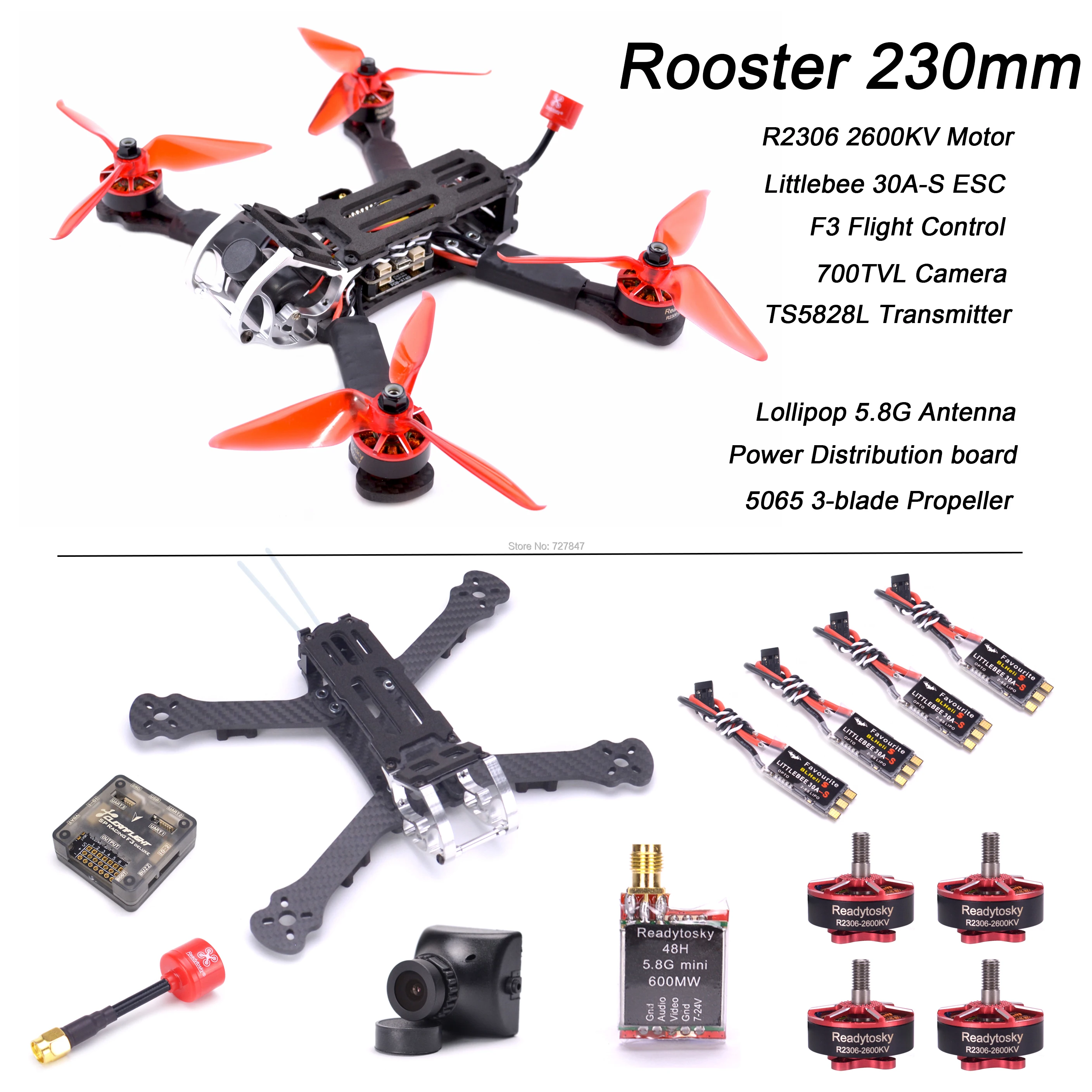Комплект для квадрокоптера Rooster 230 225 мм R2306 кв Контроллер полета F3 / F4 Littlebee 30A BLHeli s