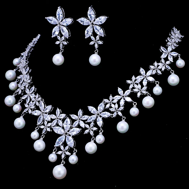 GMGYQ Trendy Imitate Pearl Jewelry Fashion Bride AAA Cubic Zircon Earrings Necklace Set Factory Wholesale Sales | Украшения и