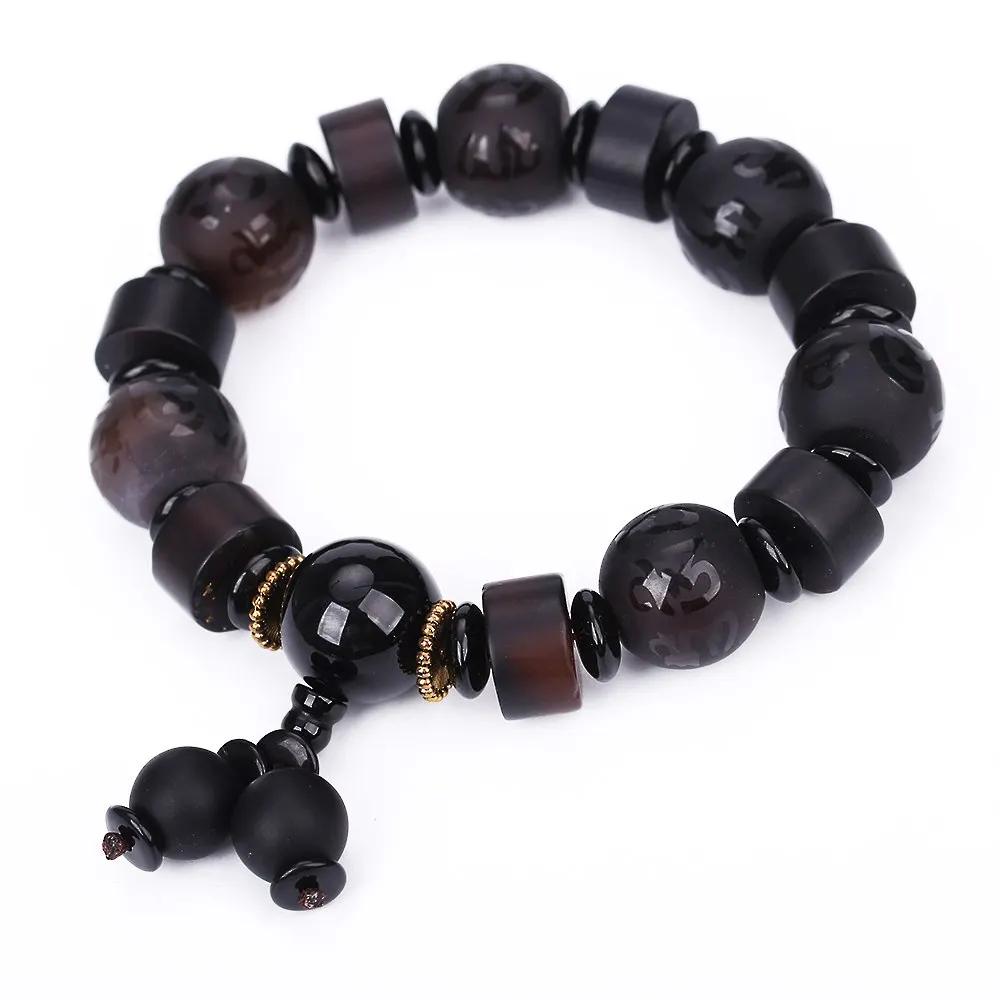 Natural Stone Black Agate Reiki Obsidian Six-Word Mantra Beads Bracelets For Women Men Classic Elastic Jade Buddha Bracelet Gift | Украшения