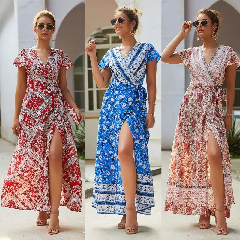 Женское платье с цветочным принтом Boho летнее пляжное треугольным вырезом и