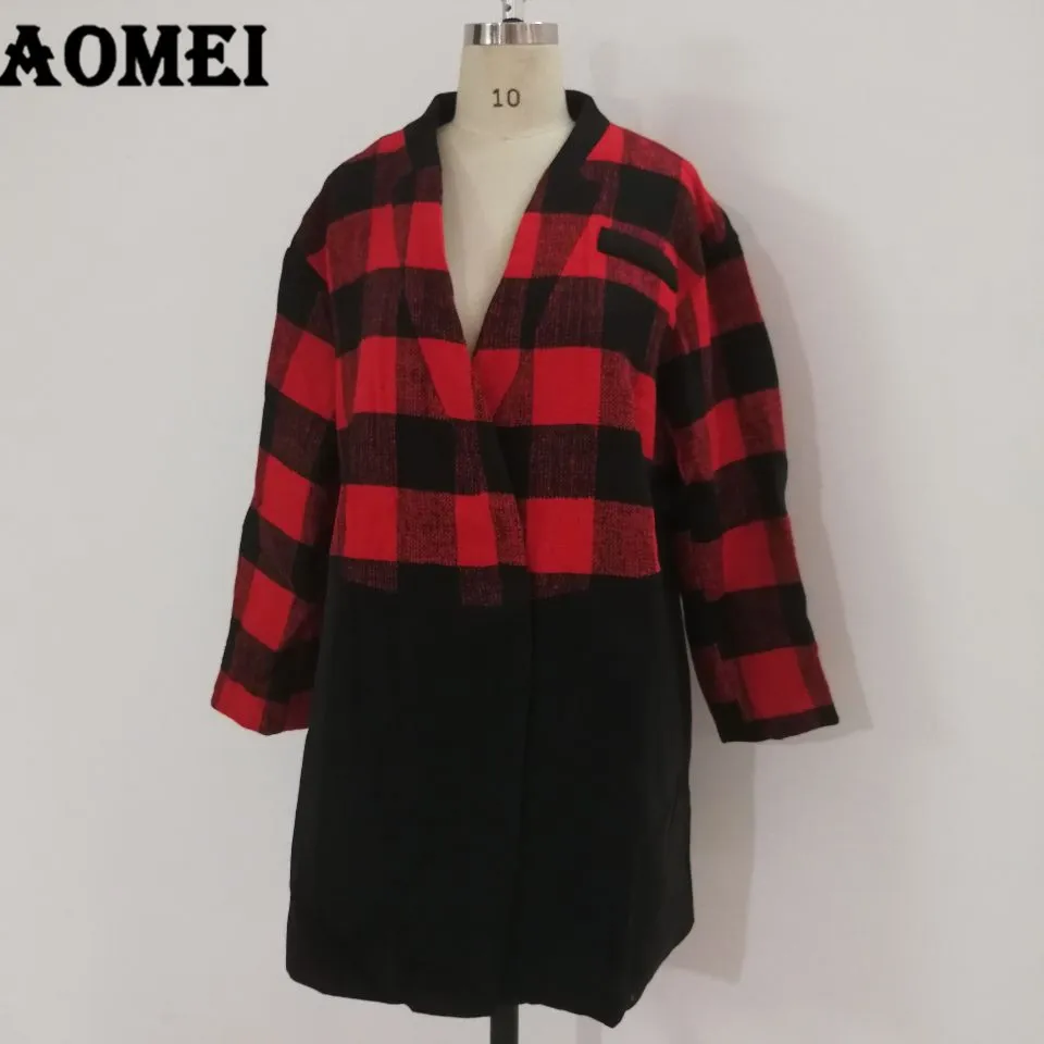 Red and Black Plaid Woolen Coat for Women Winter Spring Fashion Ladies Office Outerwear Overcoat XXXXXL 4XL Peacoat with Button | Женская