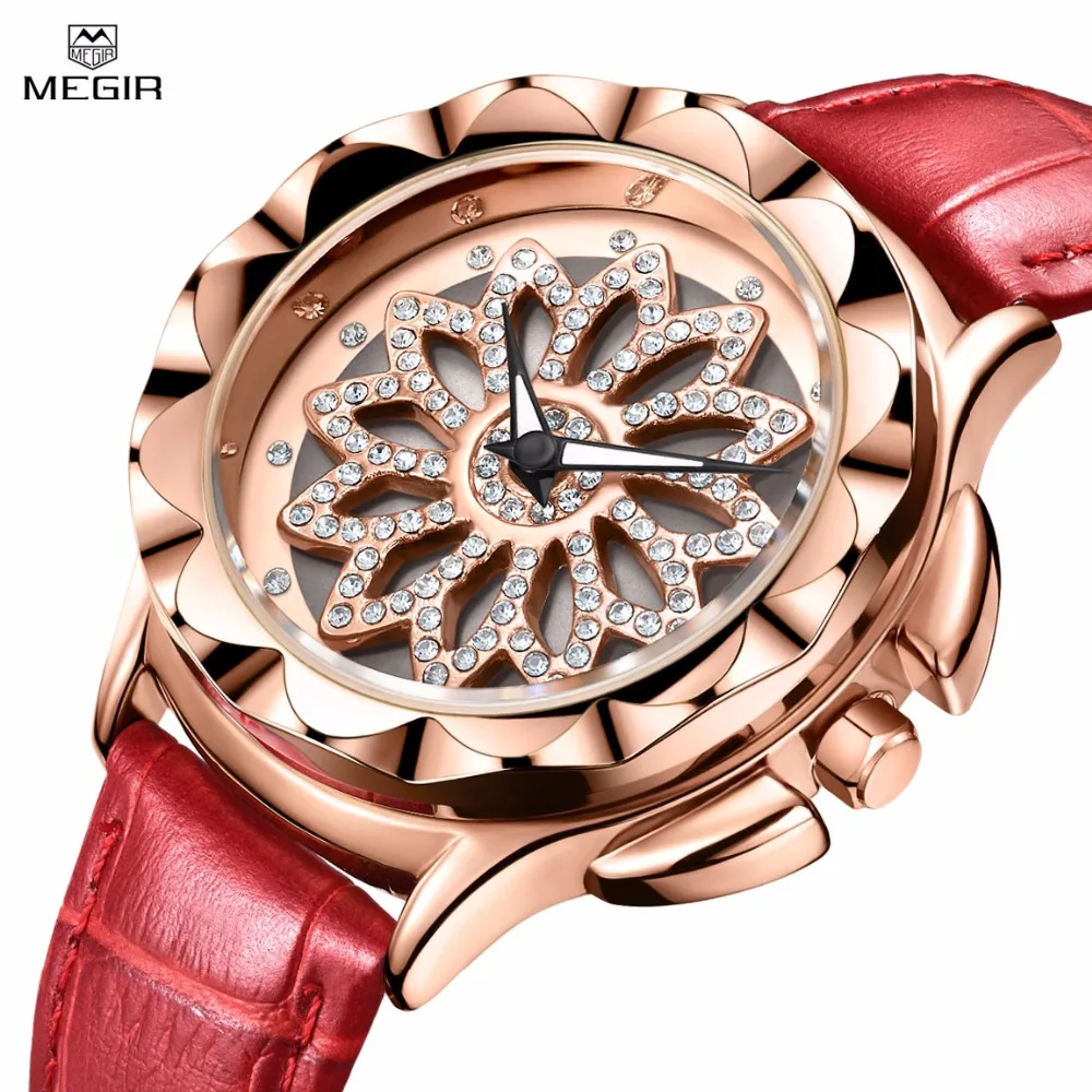 Женские кварцевые часы Megir с красным кожаным ремешком и светящимися ручками