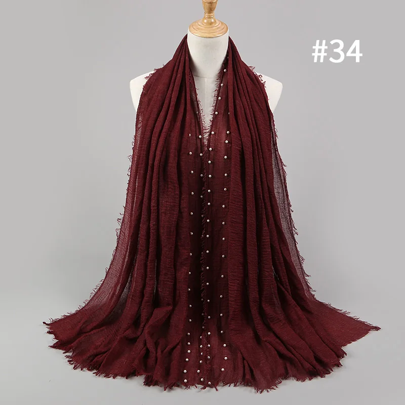 Two rows pearls 34 Новое поступление Классический премиум вискоза Макси морщинка облако хиджаб шарф платок Мягкий Ислам Мусульманский мнущийся жемчуг обертывание - Цвет: Two rows pearls 34