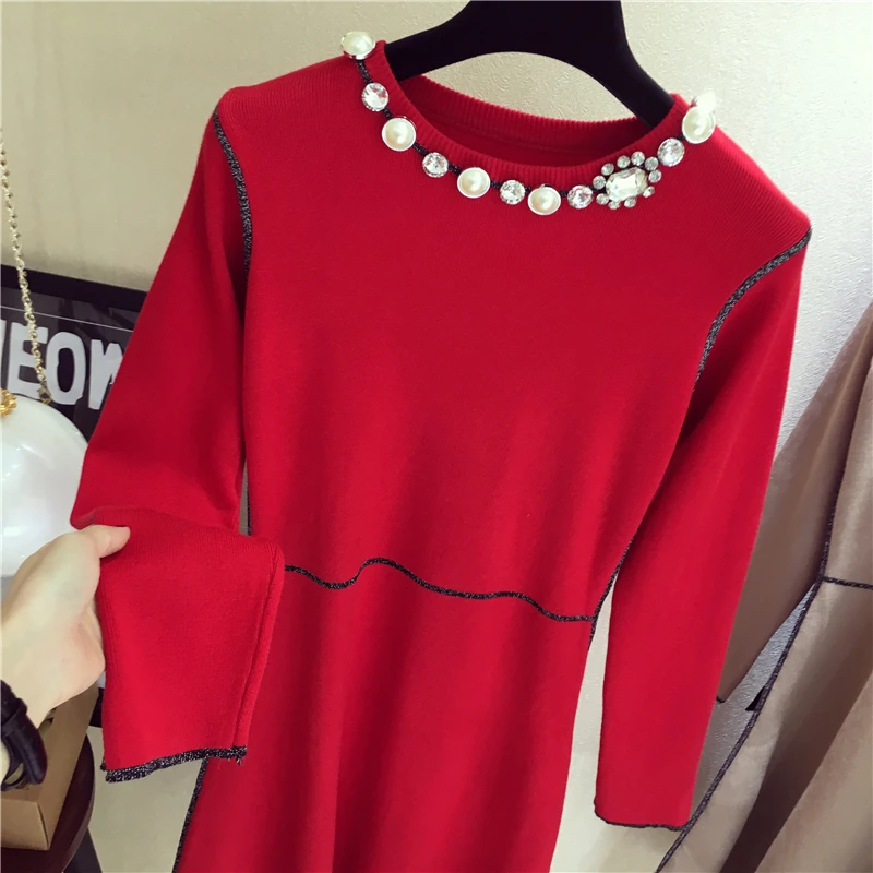 Женское трикотажное платье с длинным рукавом со стразами|dress for|dress for womenknitted dress |
