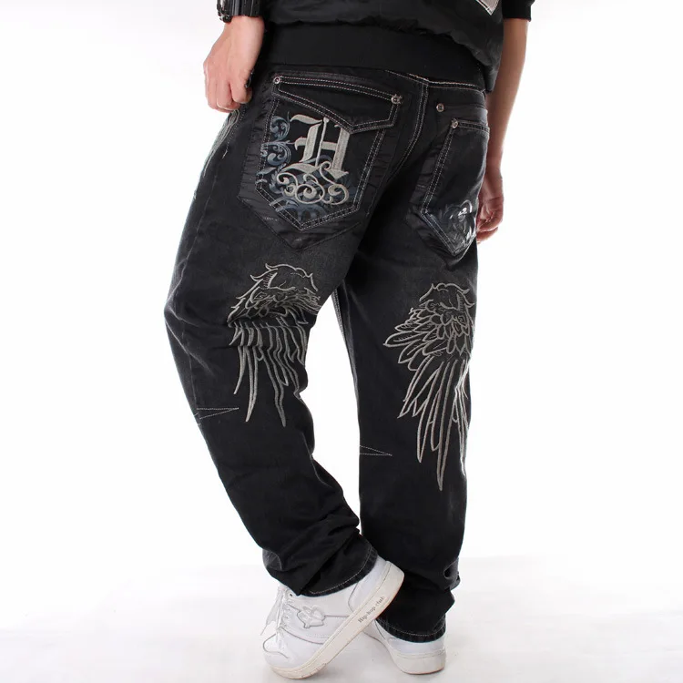 Men Street Dance Hiphop Jeans Fashion Embroidery Black Loose Board Denim Pants Overall Male Rap Hip Hop Jeans Plus Size 30-46