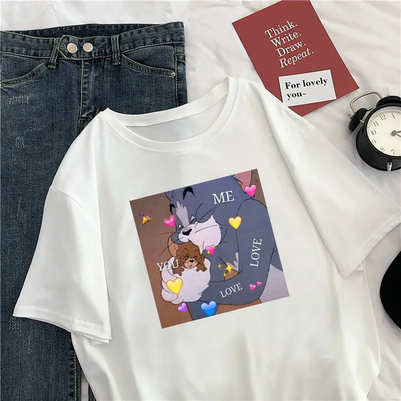 Harajuku/милые новые модные свободные топы с рисунком кота из мультфильма «Микки и Джерри», топы с коротким рукавом и круглым вырезом, новая женская футболка большого размера